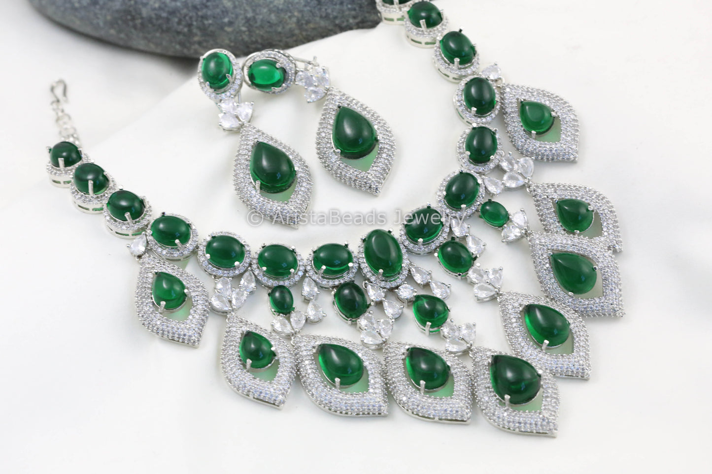 Micro CZ & Green Pota Stone Necklace Set