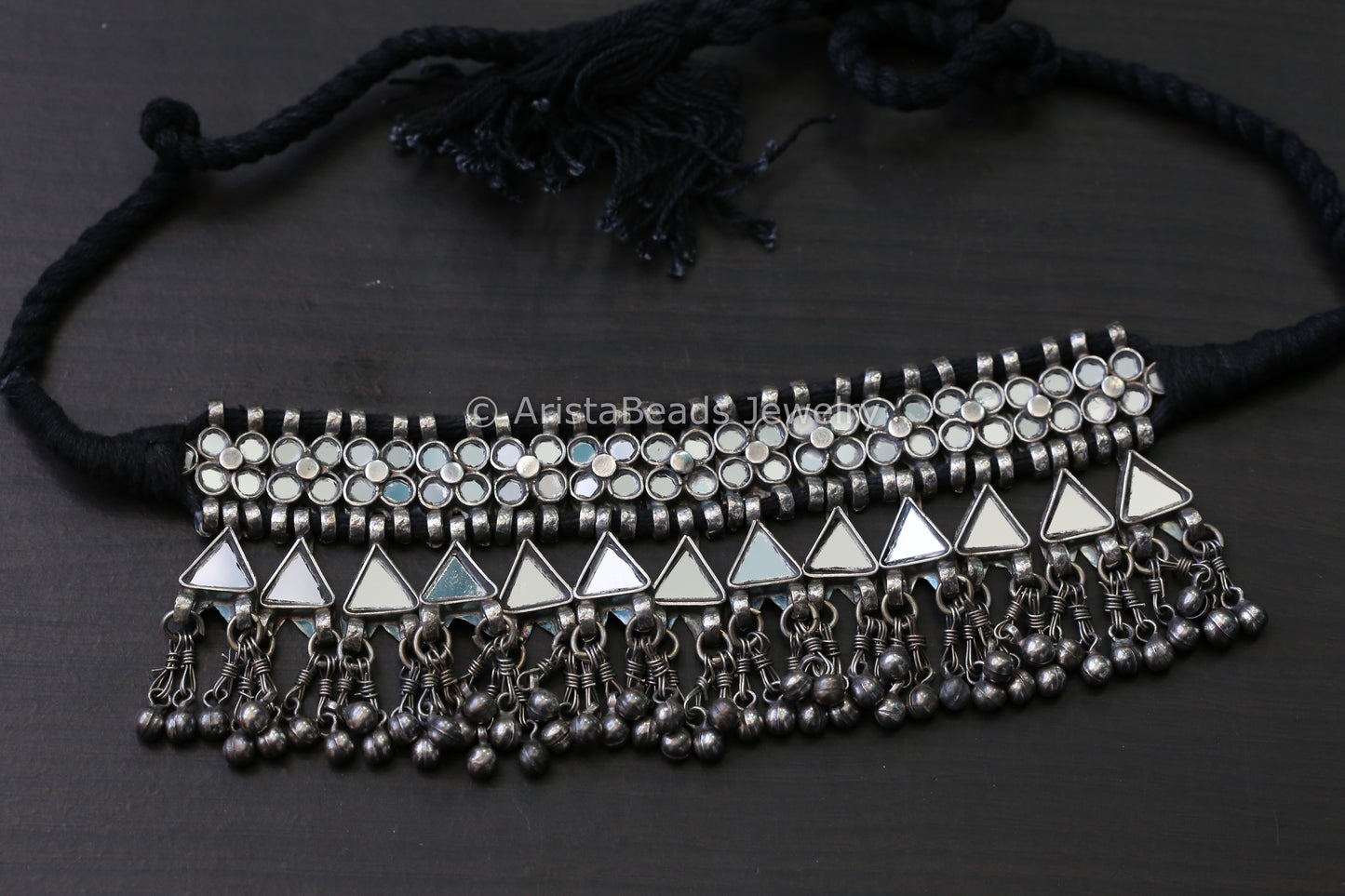 Darpan Oxidized Clear Glass Necklace- Black Thread
