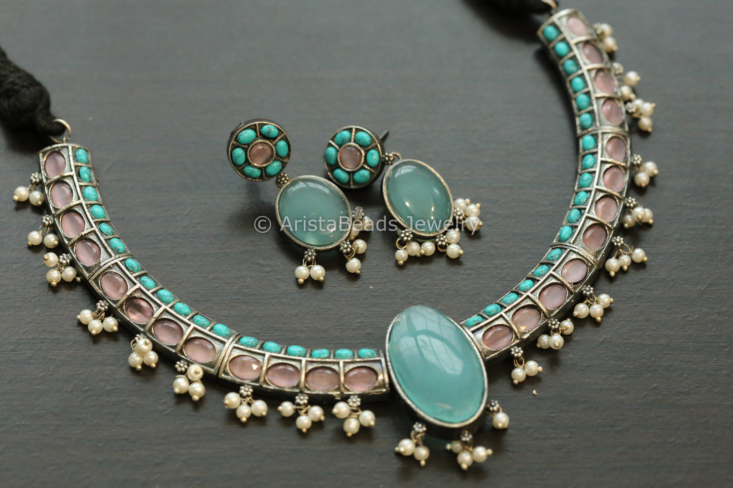 Oxidized Hasli Necklace Set - Pink & Turquoise