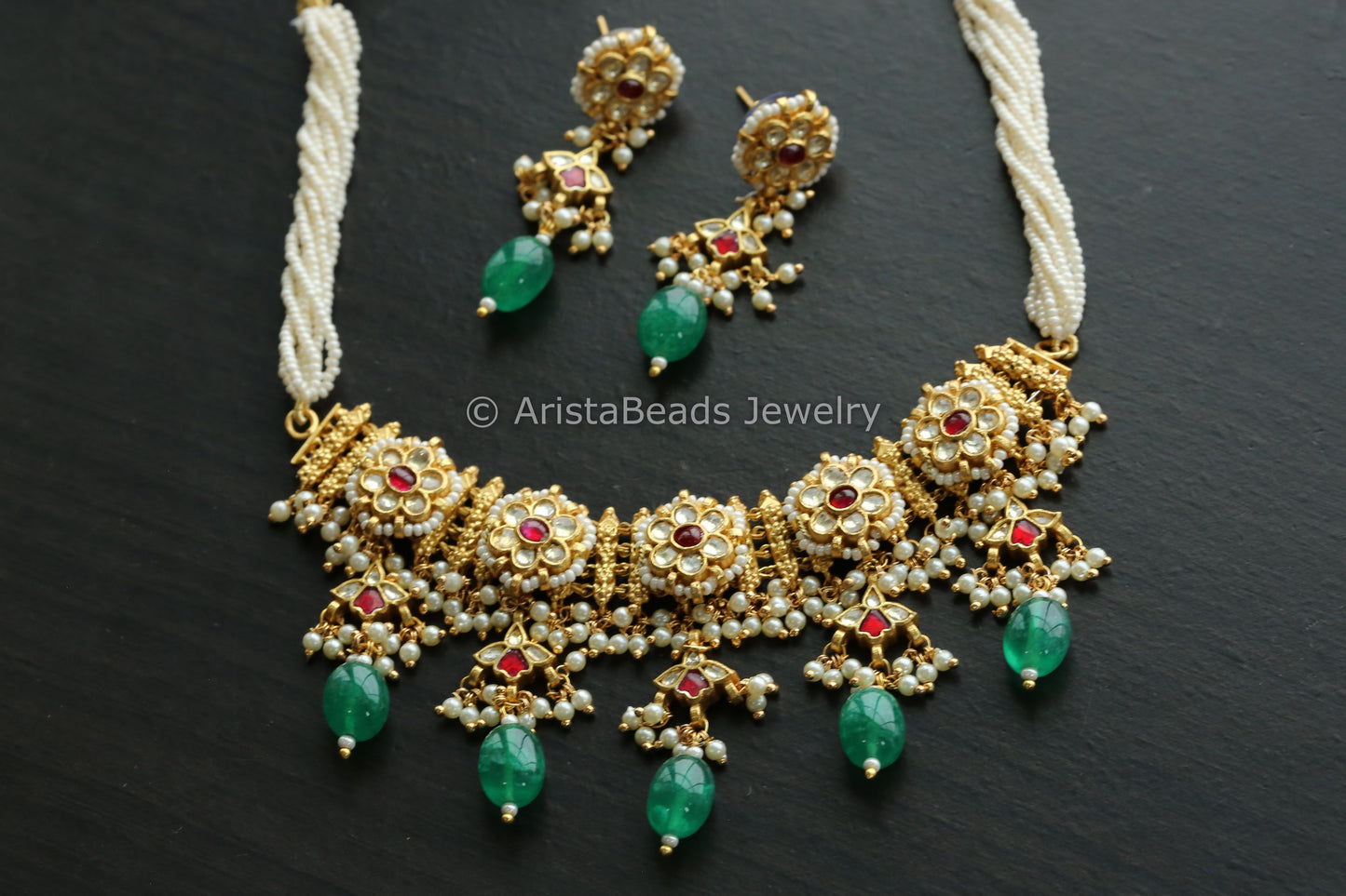 Dainty Gold Jadau Pachi Kundan Necklace Set