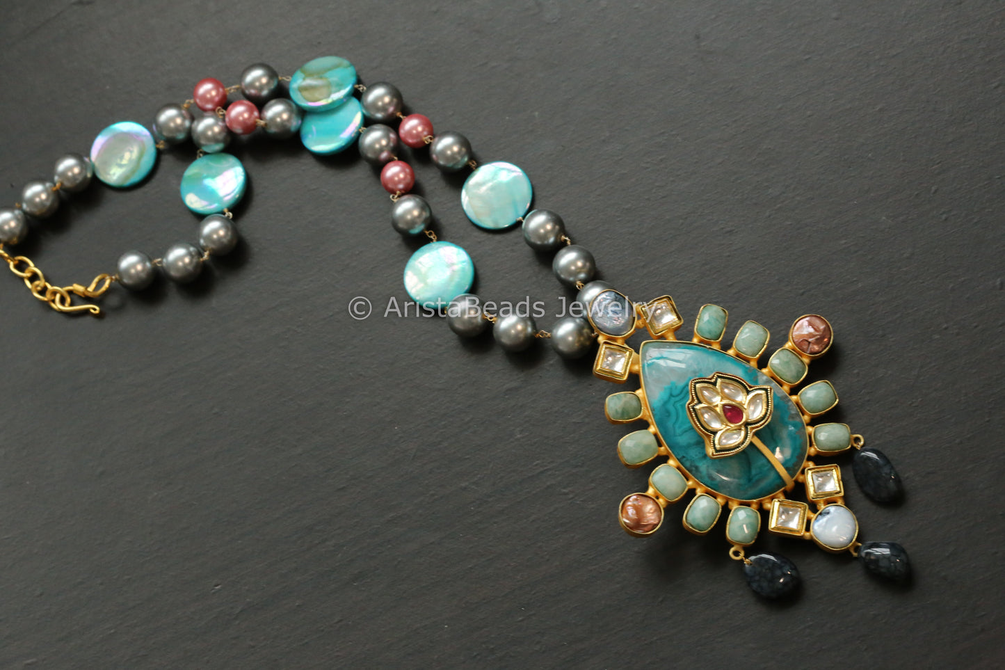 Contemporary Kundan, Larimar & Baroque Pearl Necklace
