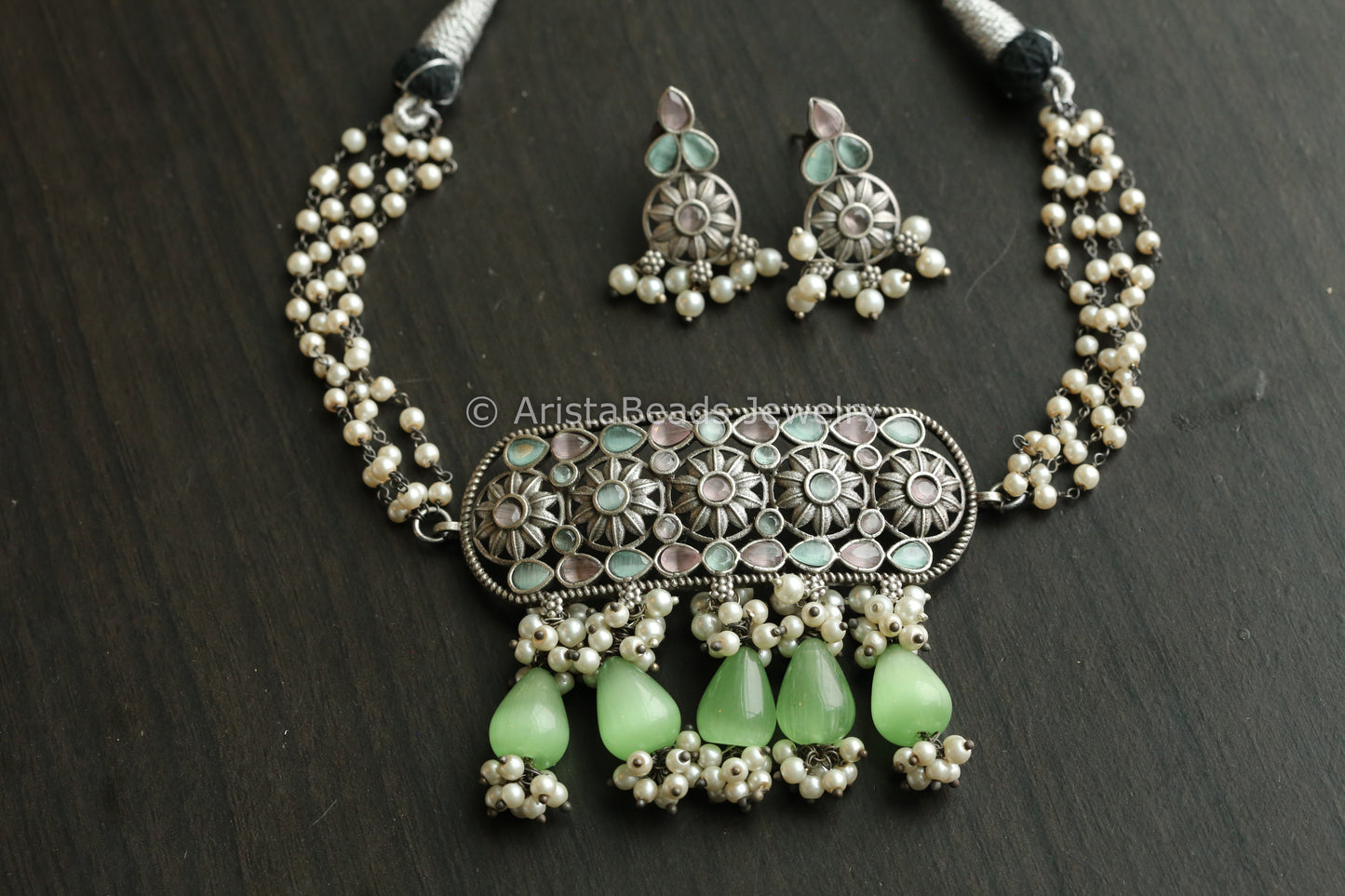 Oxidized Necklace Set  -Apple Green