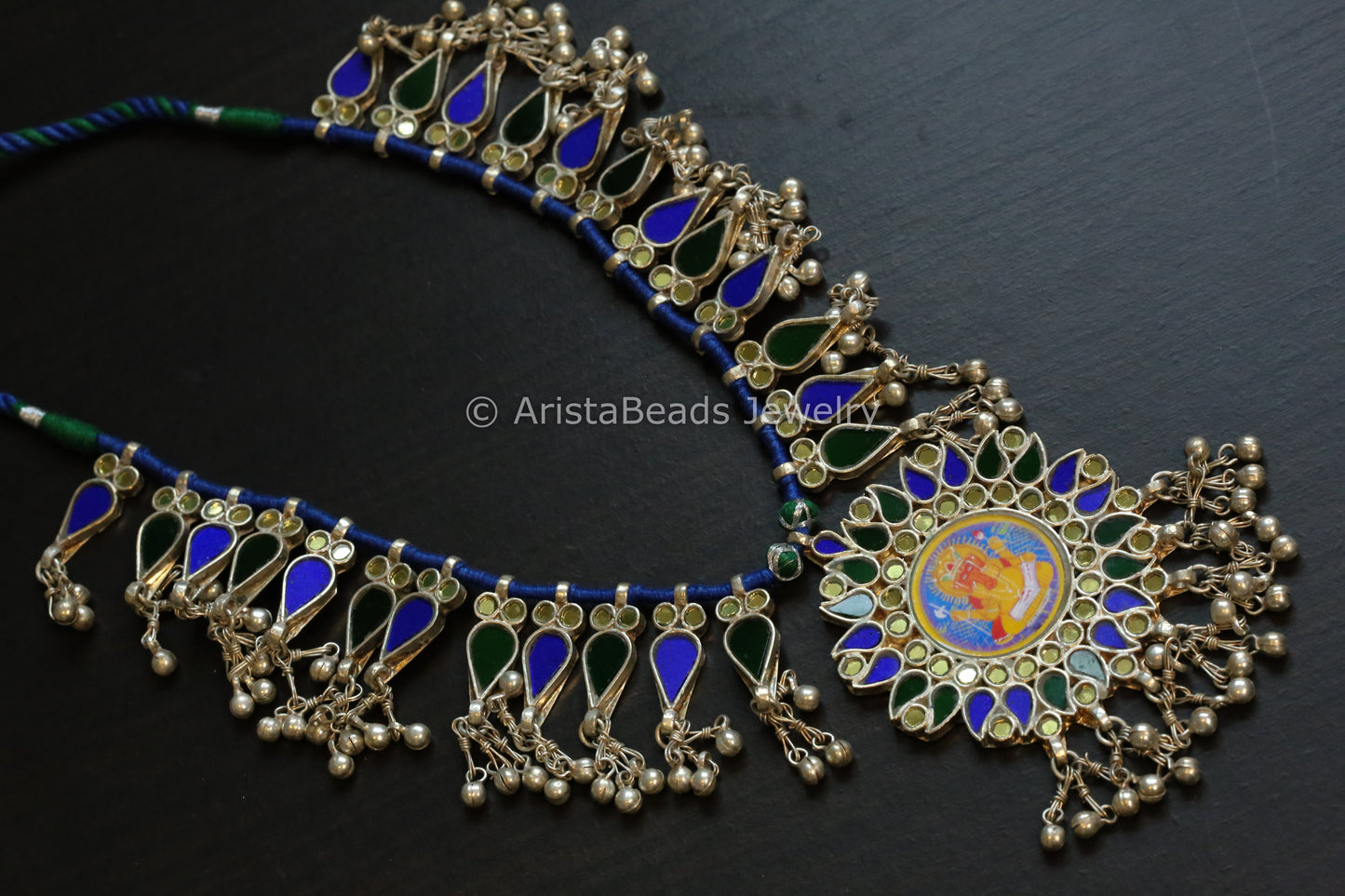 Darpan Oxidized Real Glass Long Necklace- Blue Green Yellow