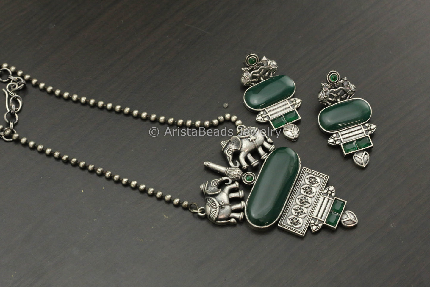 Silver Tone Monalisa Stone Chain Necklace Set - Green