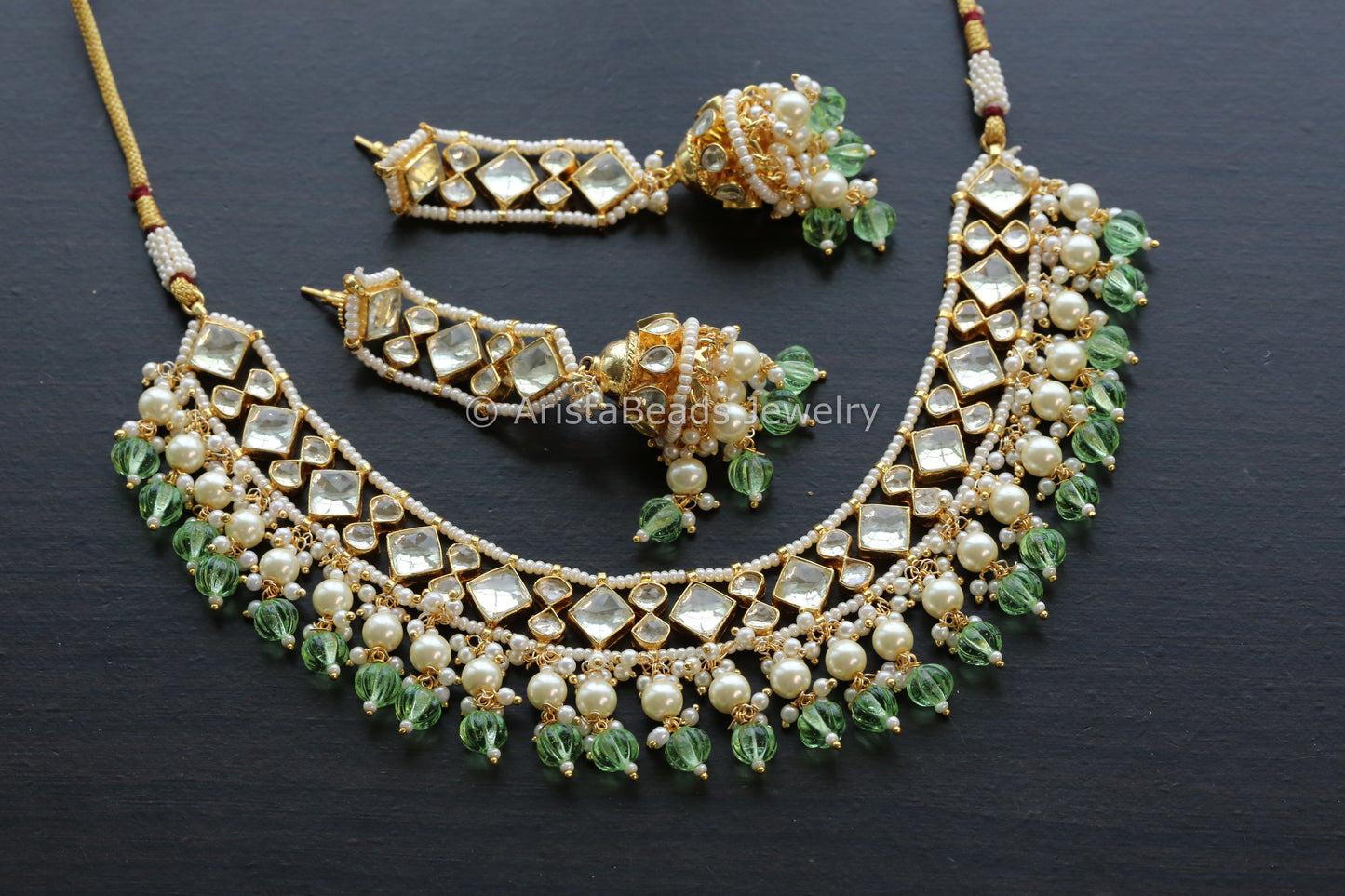 Pachi Kundan Necklace Jhumka Set - Light Green