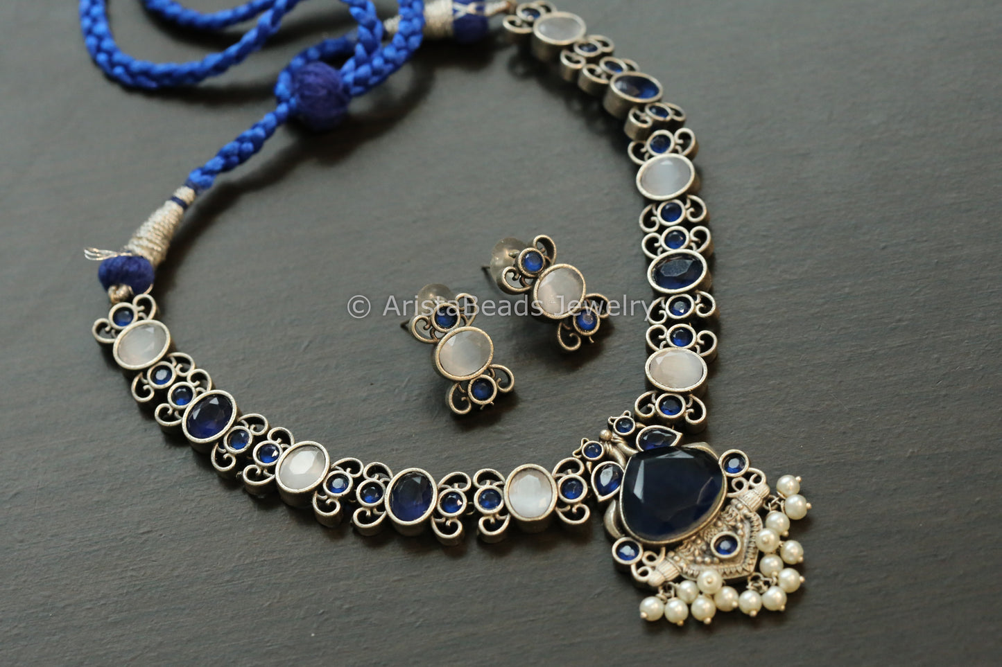 Oxidized Monalisa Necklace Set - Blue  & Gray