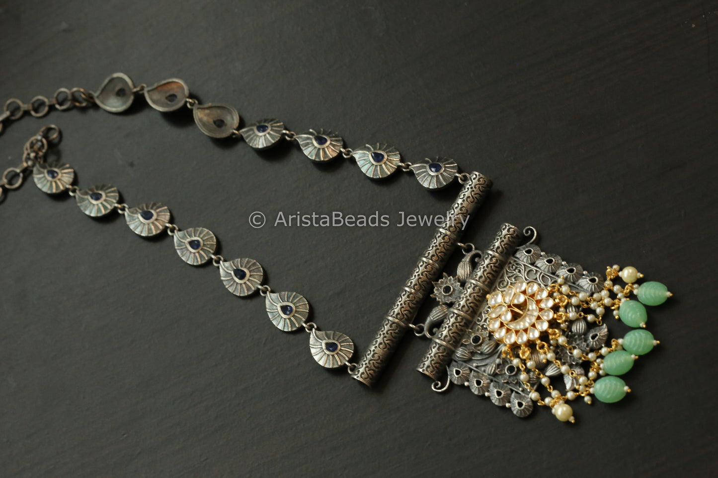 Oxidized Necklace With Clear Kundan Motif