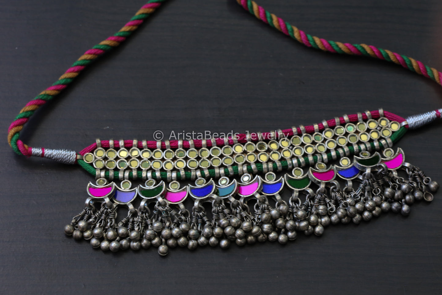 Darpan Oxidized Clear Glass Necklace- Multicolor