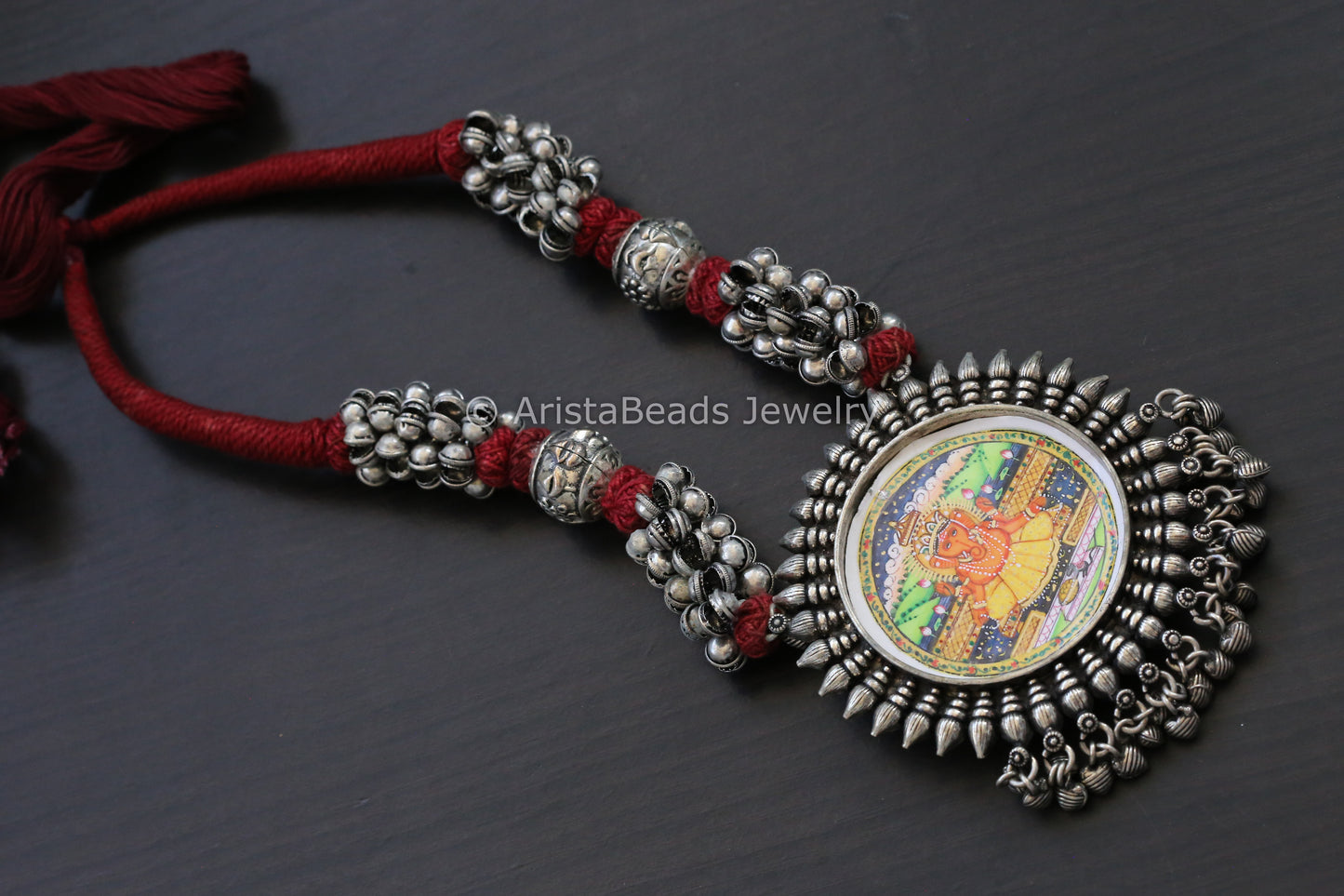Hand Painted Silver Look Necklace - Dark Red Thread