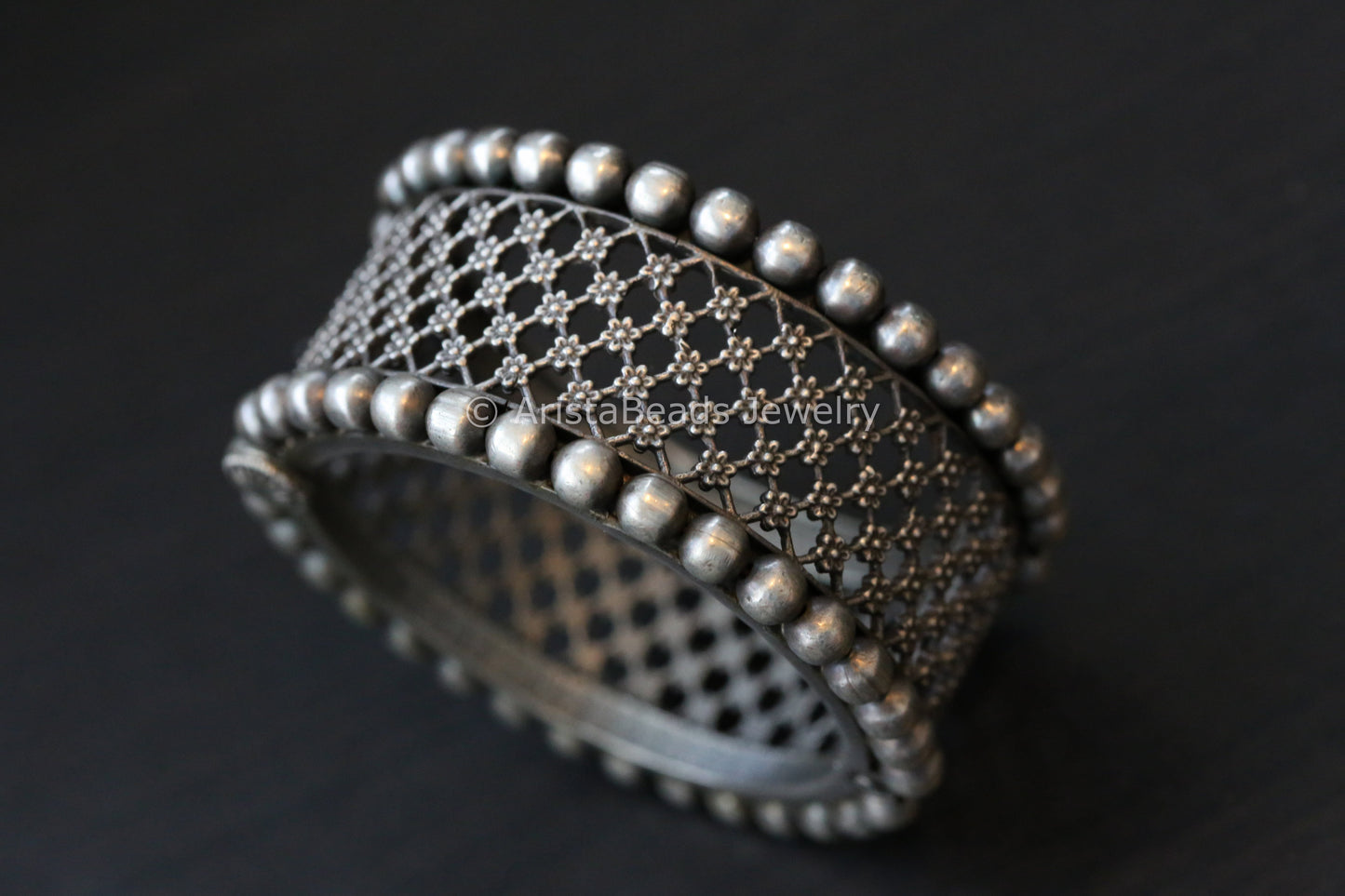 Wide Silver Look Oxidized Bangle