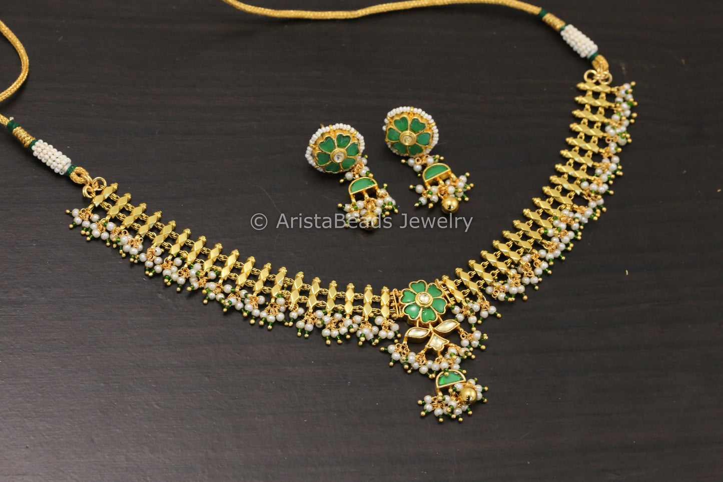 Dainty Real Gold Look Pachi Necklace Set - Green