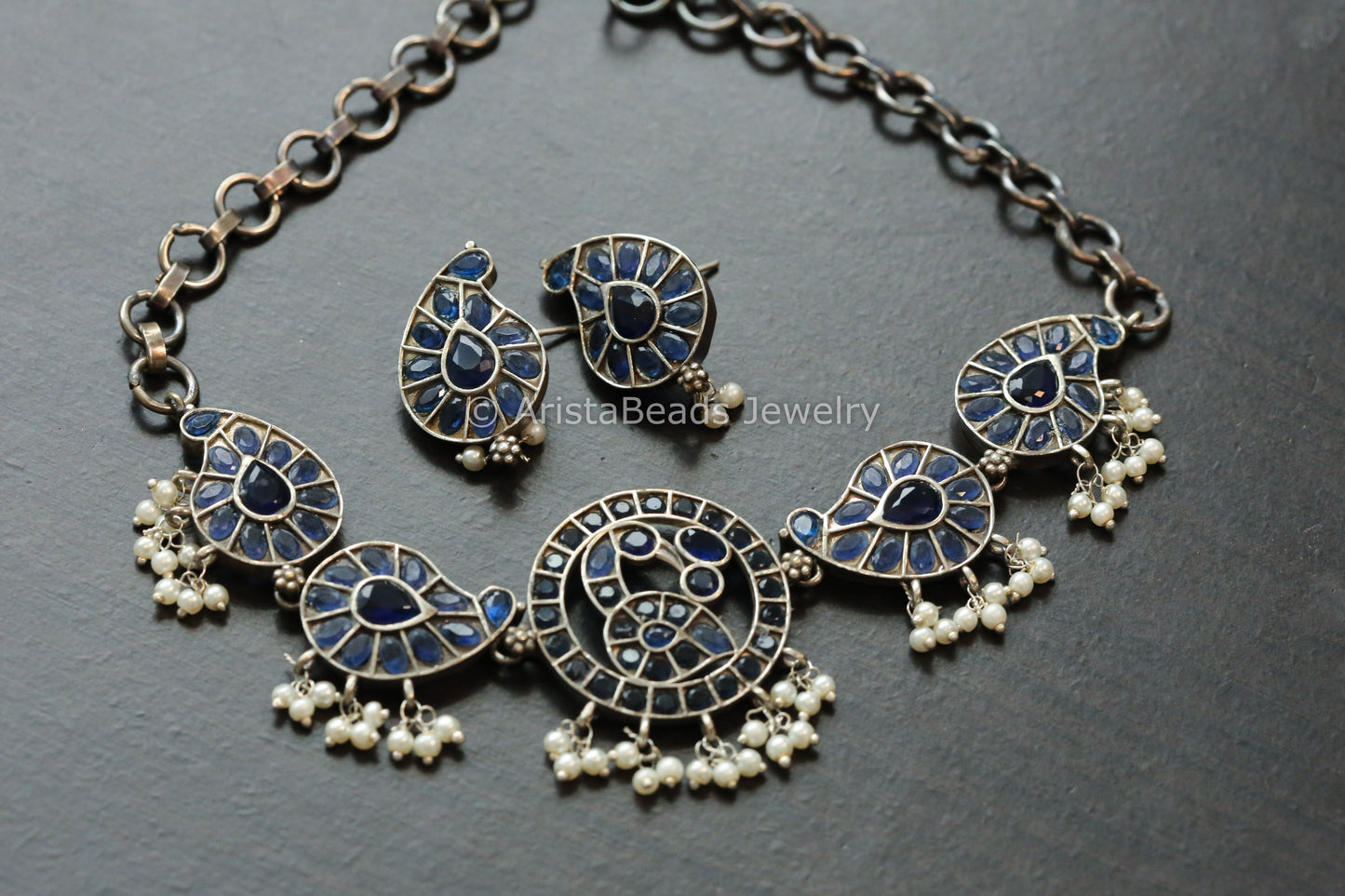 Blue Oxidized Paisley Necklace Set