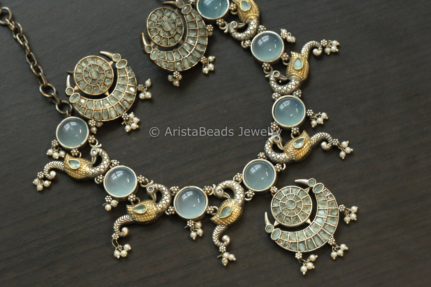 Dual Tone Peacock Monalisa Stones Necklace - Mint