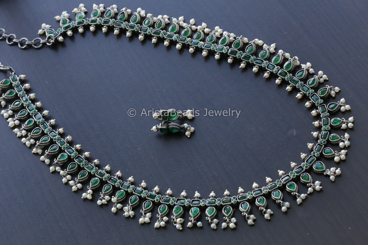 Long Oxidized Emerald Necklace Set