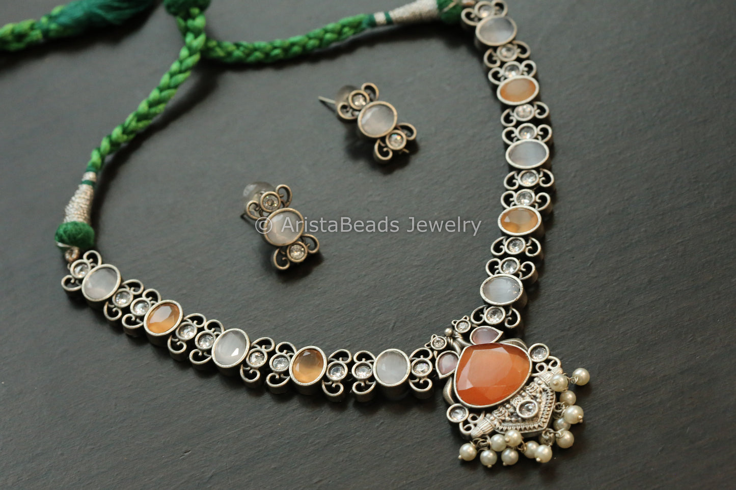 Oxidized Monalisa Necklace Set - Gray & Orange