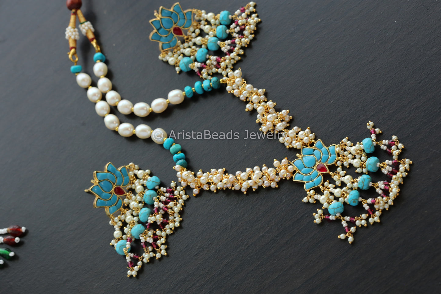 Pachi Kundan Lotus Necklace Set - Turquoise