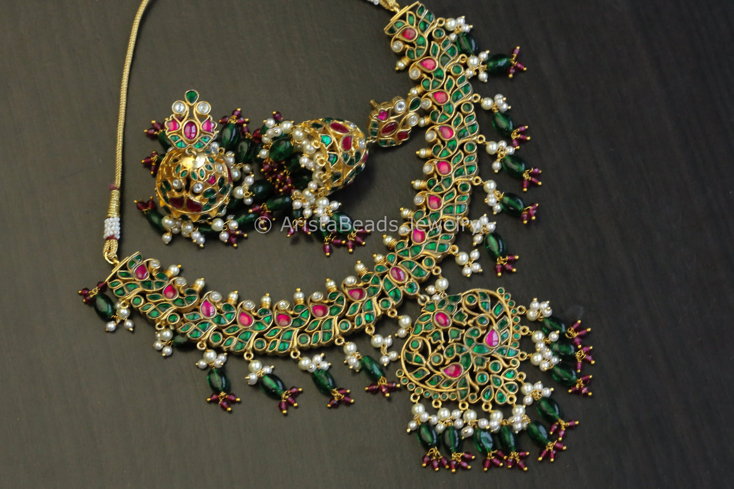 Next To Real Fine Jadau Kundan Necklace Set - Emerald