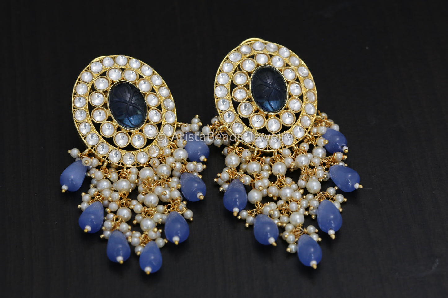 Large Tyani Style Polki Kundan Earrings - Blue