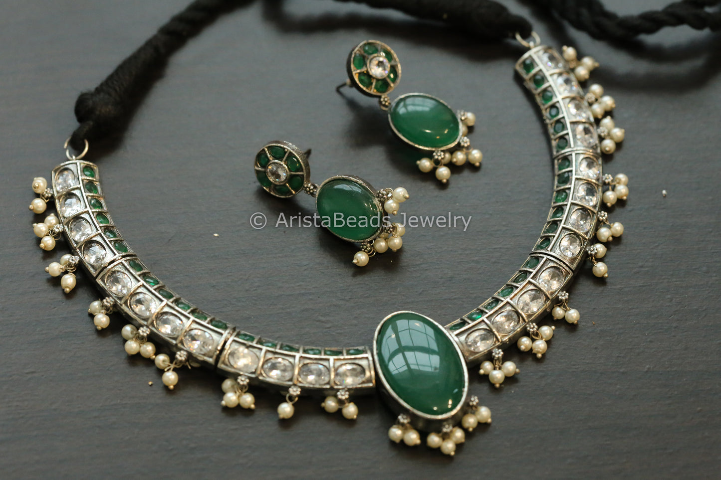Oxidized Hasli Necklace Set - Clear & Green