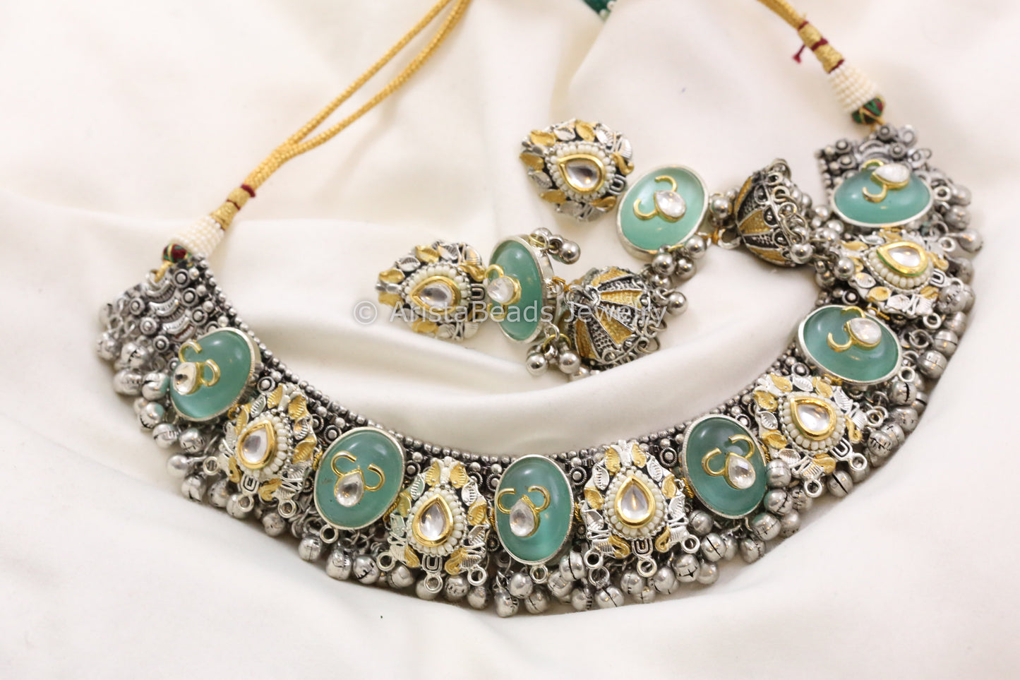 Contemporary Dual Tone Designer Kundan Necklace Set - Mint
