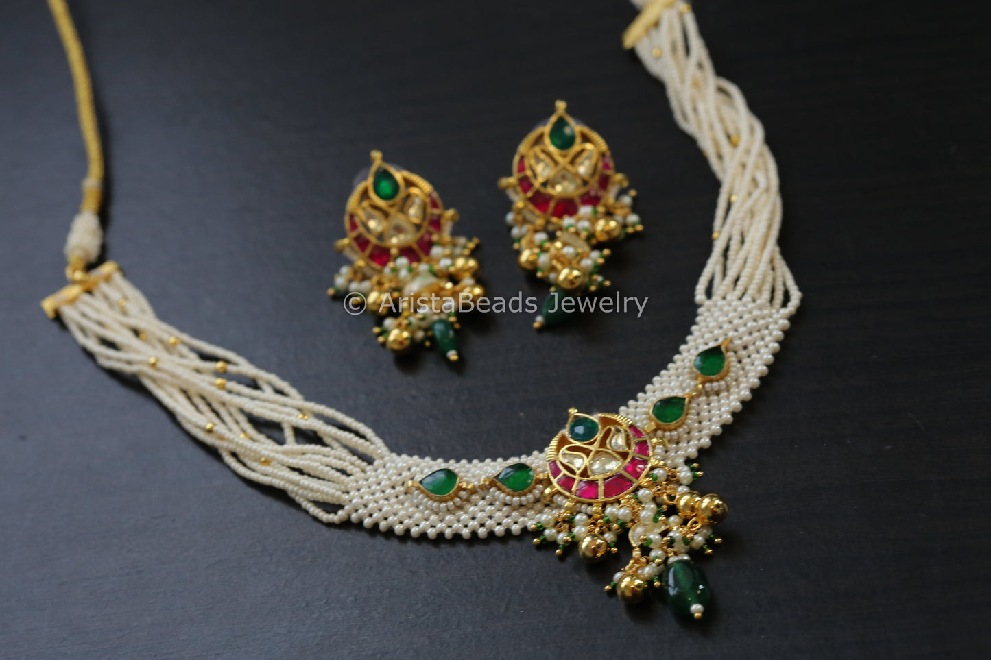 Jadau Pachi Kundan Seed Pearl Chatai Necklace Set