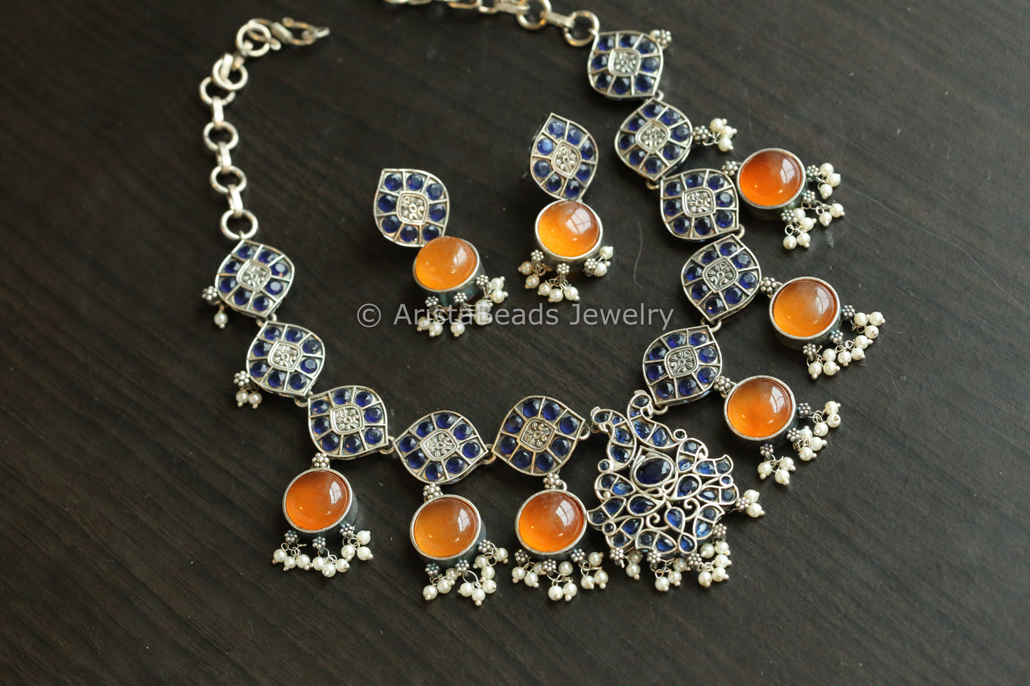 Monalisa & CZ Oxidized Necklace Set - Orange Blue