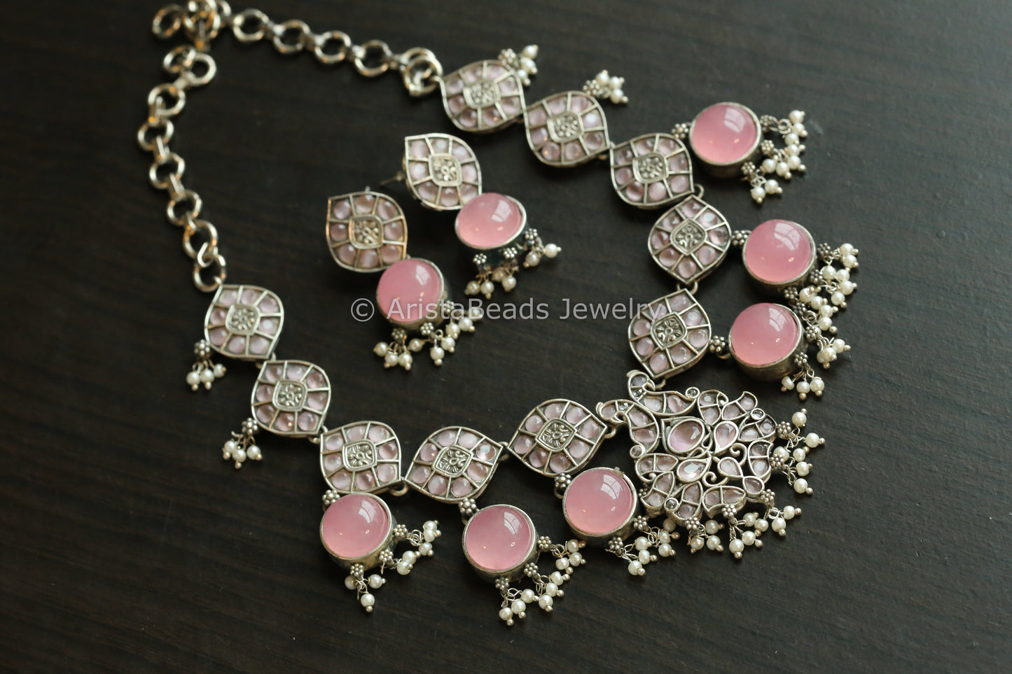 Monalisa & CZ Oxidized Necklace Set - Pink