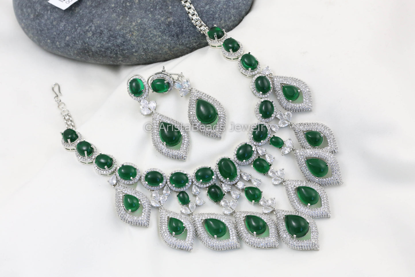 Micro CZ & Green Pota Stone Necklace Set