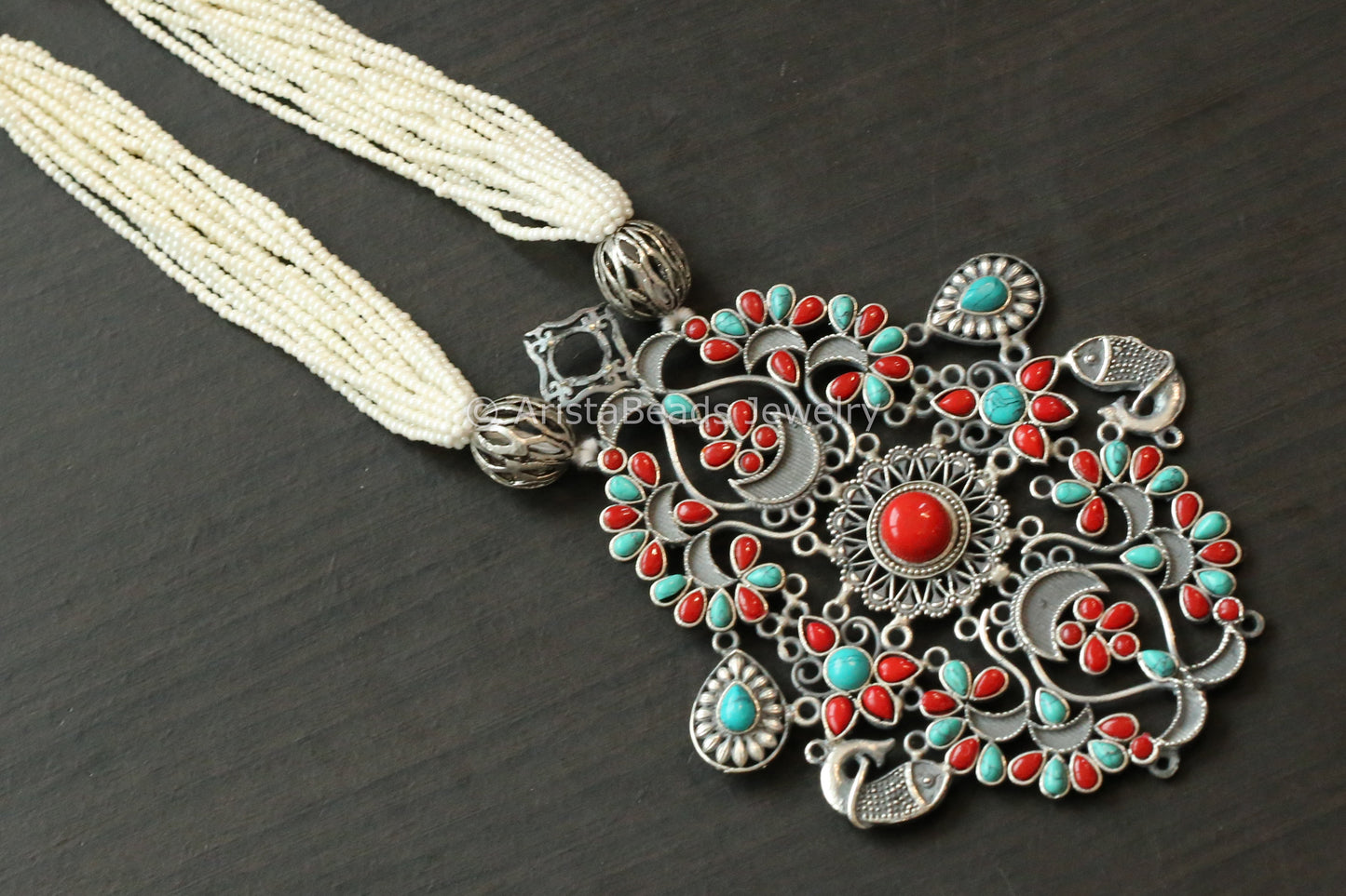 Large Turquoise Coral Pendant Necklace