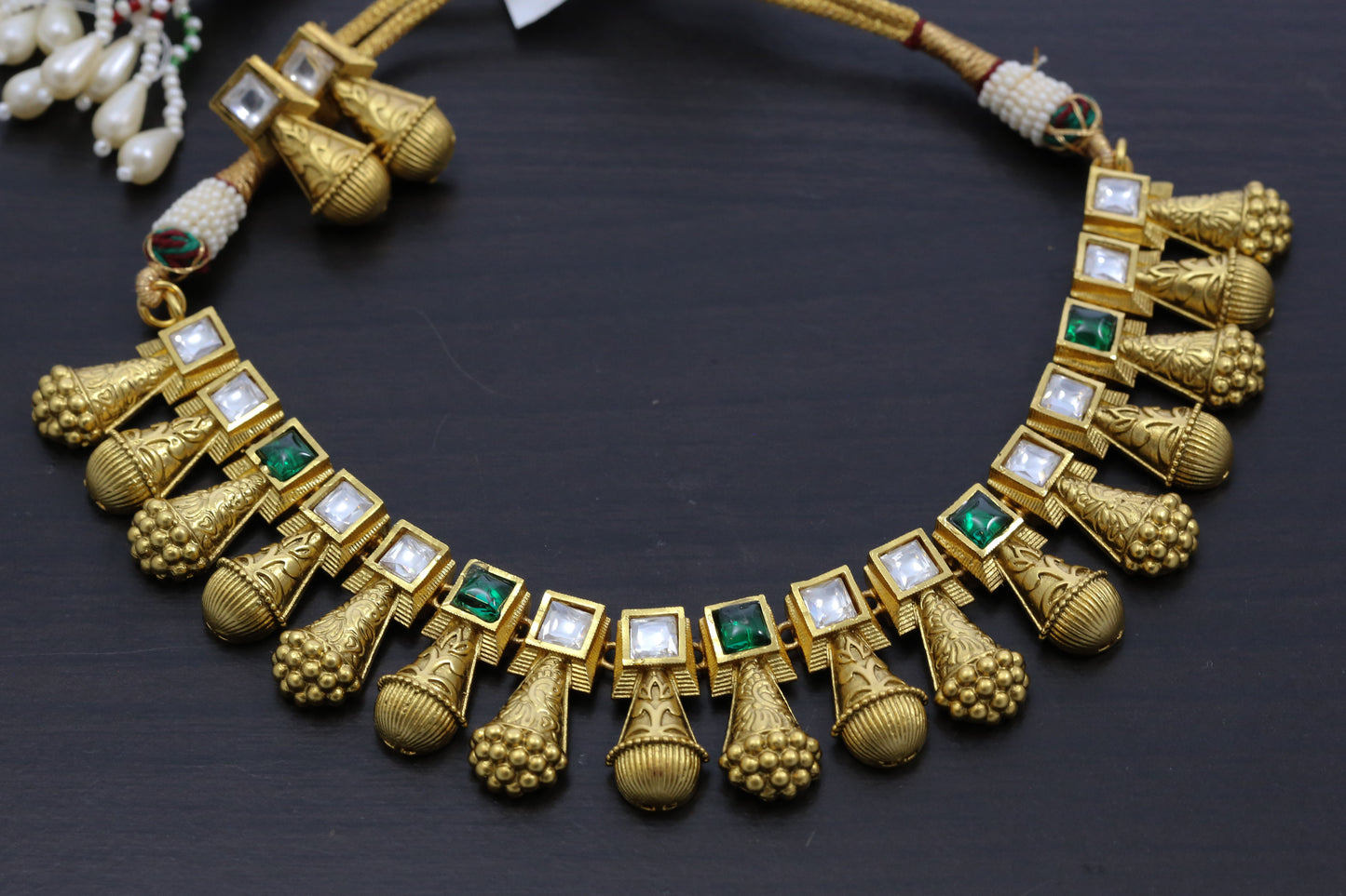 Swarna Antique Gold Kundan Necklace Set - Green