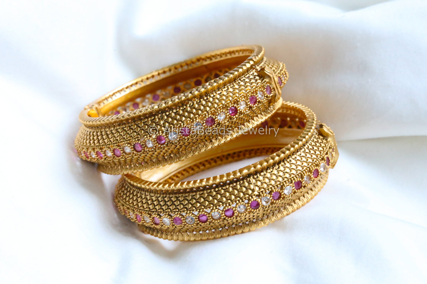 Real Gold Look Ruby Clear CZ Bangle Set (Openable)
