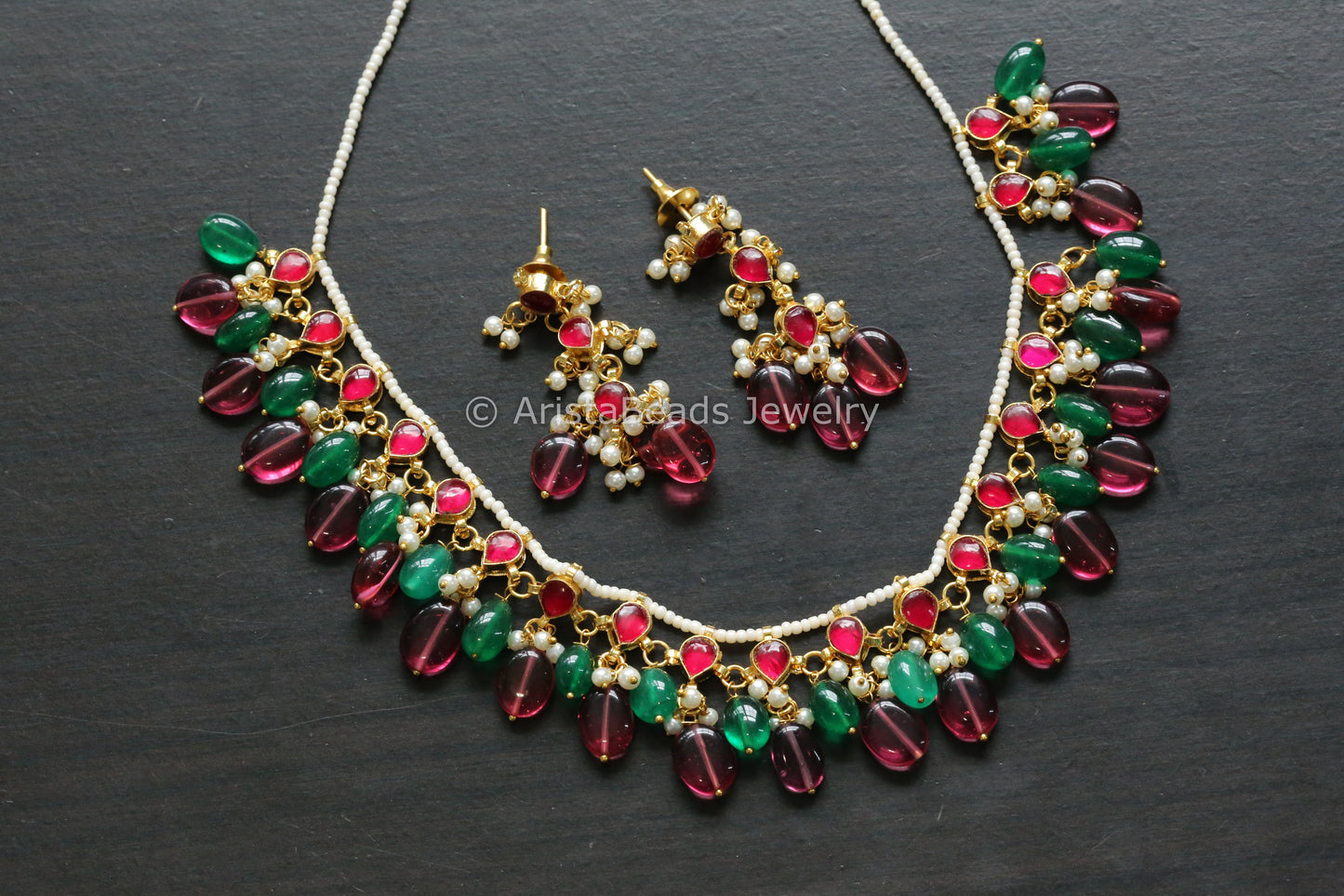 Dainty Ruby Pachi Kundan Necklace Set - Multi Drops