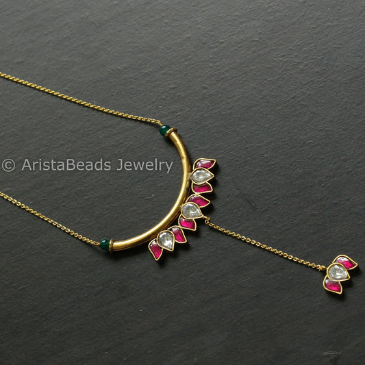 Dainty Jadau Lotus Contemporary Necklace - Ruby