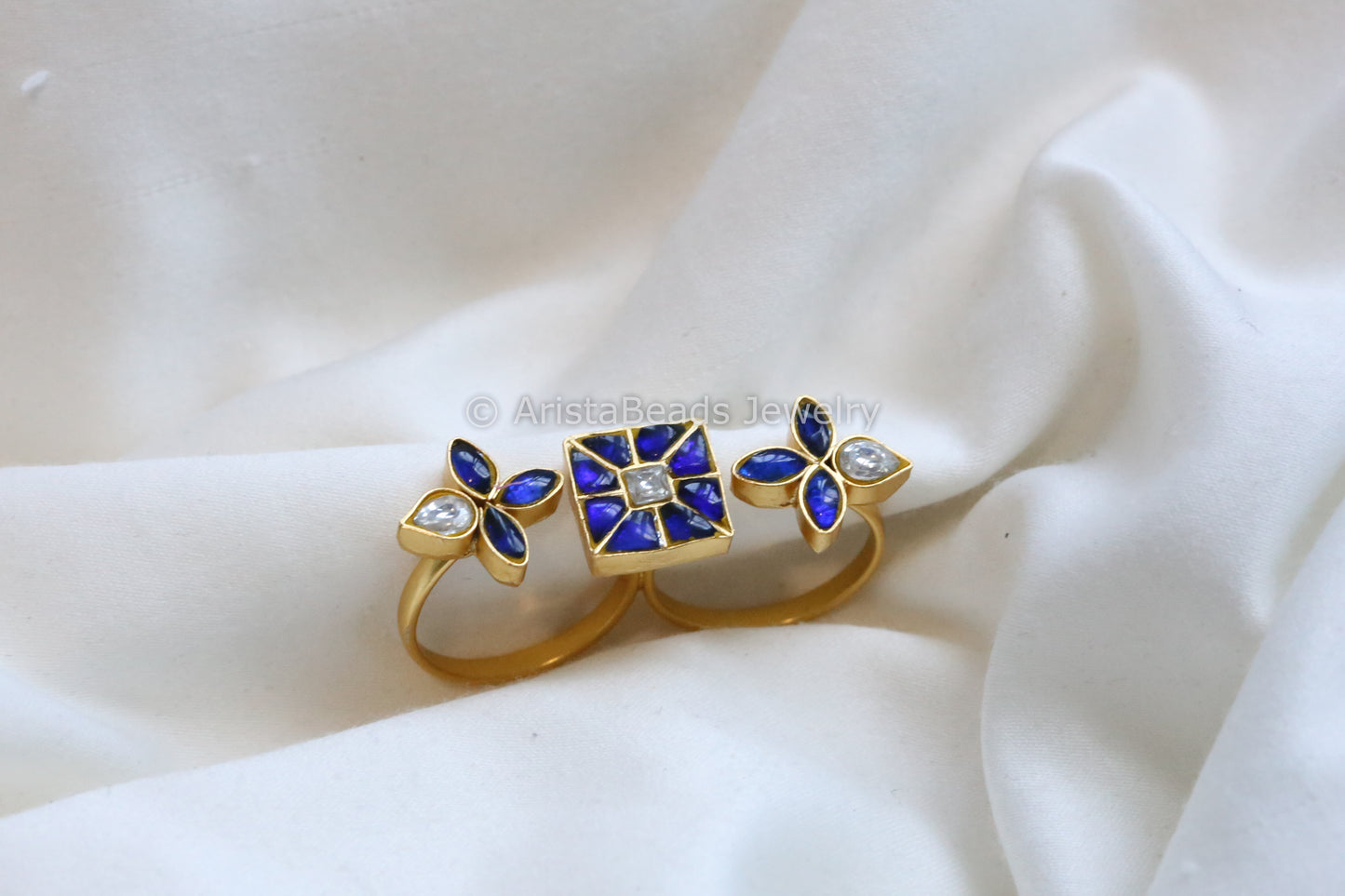 Jadau Kundan Two Finger Bar Ring (Adjustable) -Blue Clear