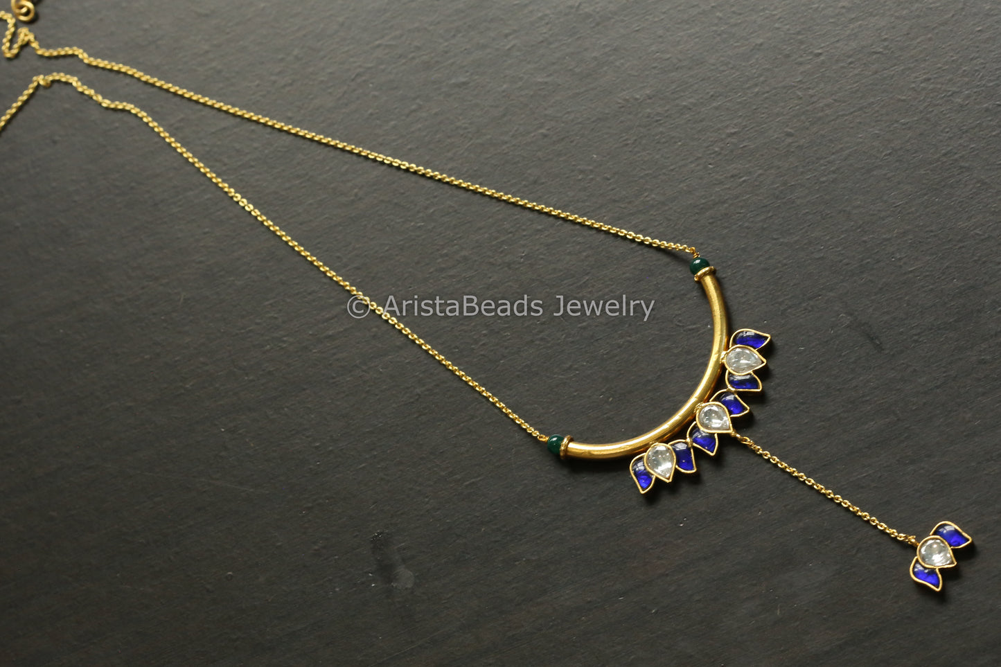 Dainty Jadau Lotus Contemporary Necklace - Blue