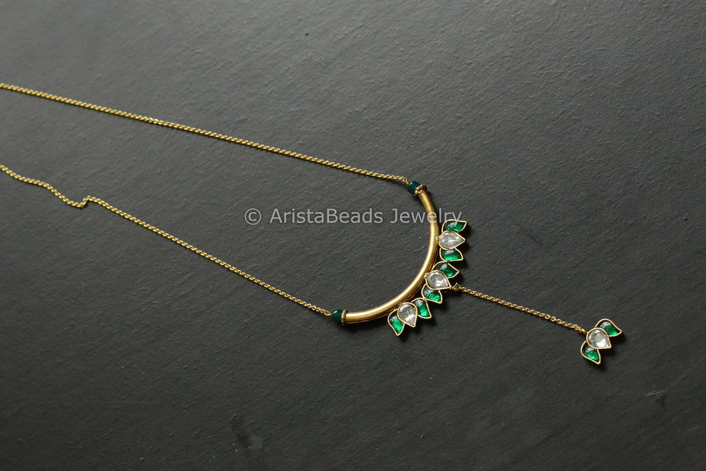 Dainty Jadau Lotus Contemporary Necklace - Green