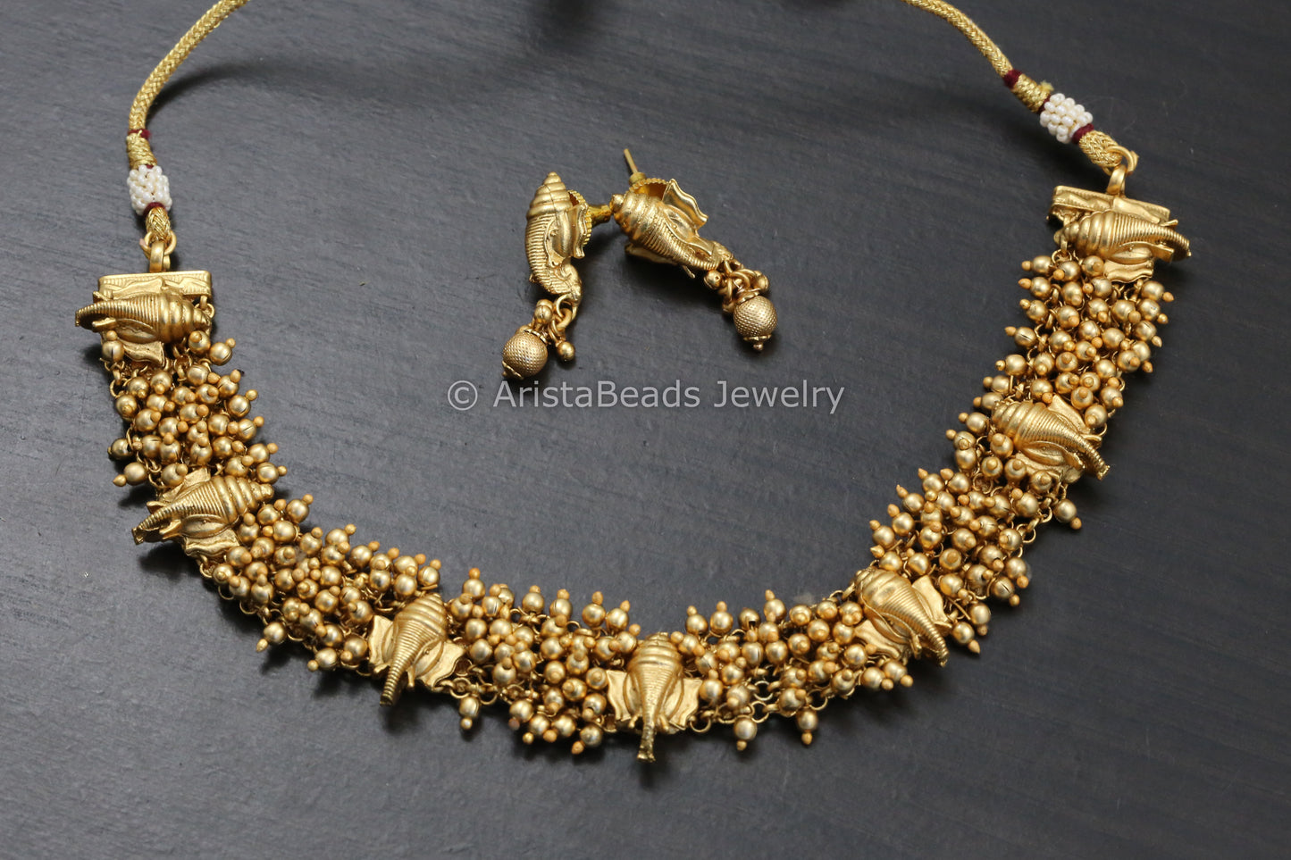 Gajra Style Ganesha Temple Necklace Set - Gold