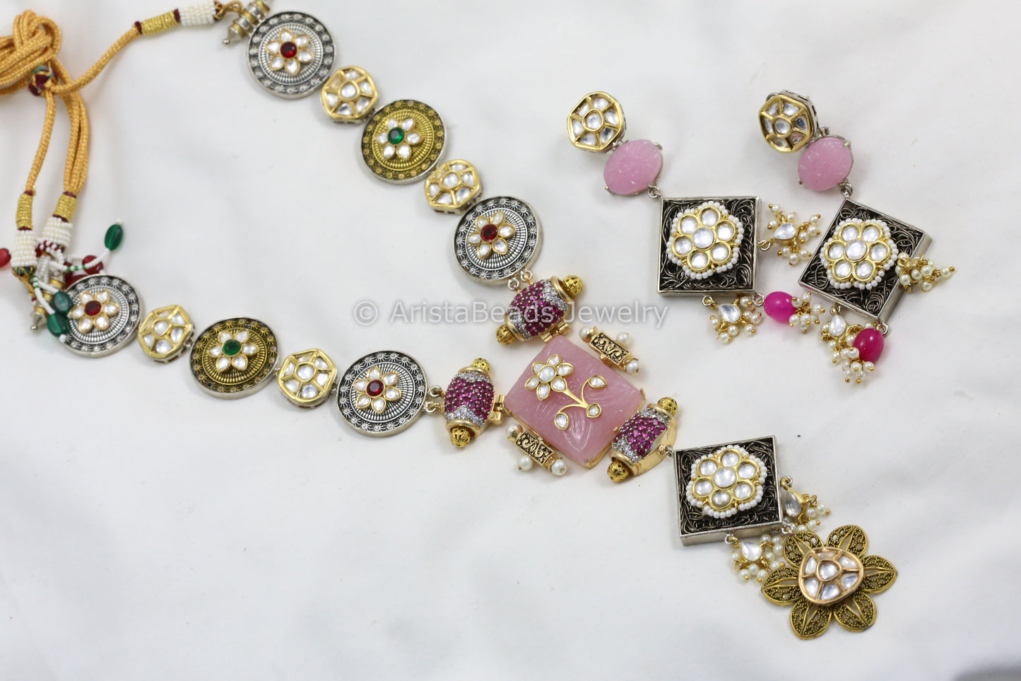 Premium Jadau Work Kundan & CZ Necklace Set - Carved Pink Stone