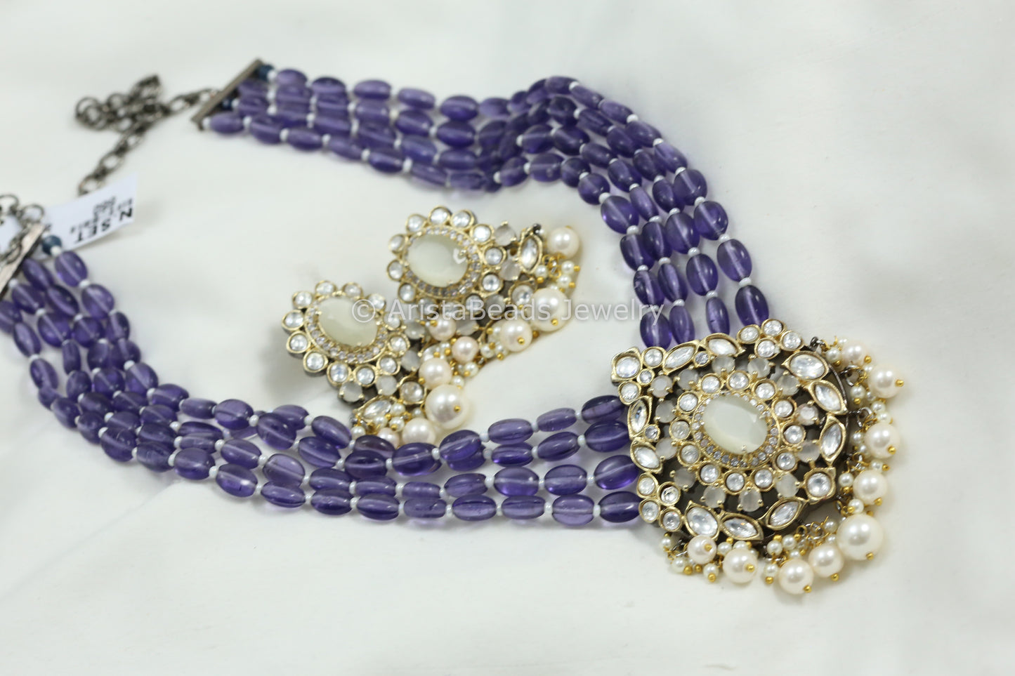 Victorian Uncut Kundan Necklace Set - Purple