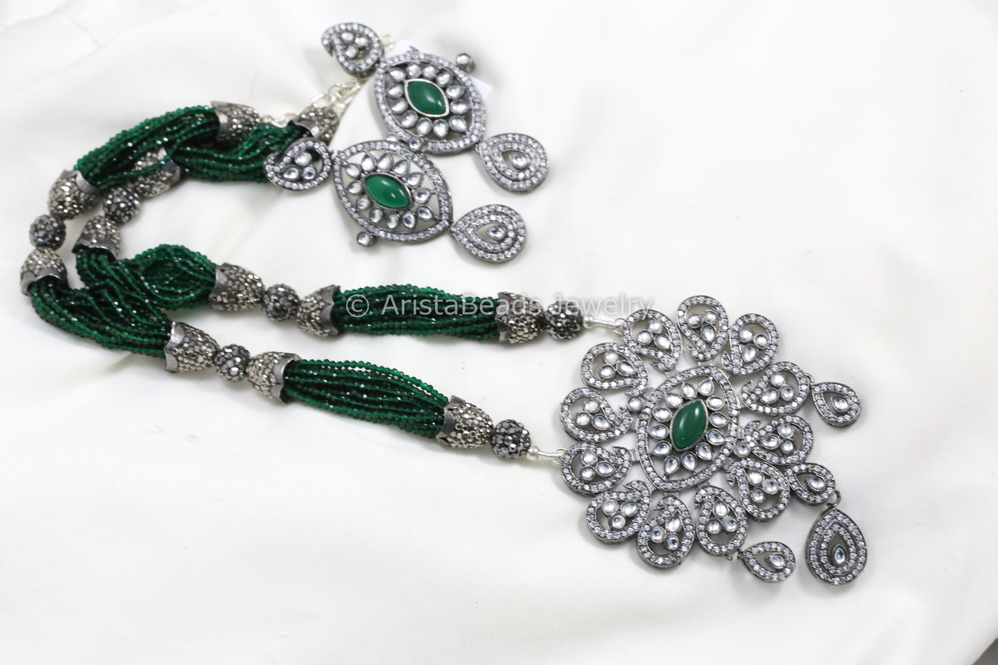 Victorian Hydro Beaded Necklace Set - Green