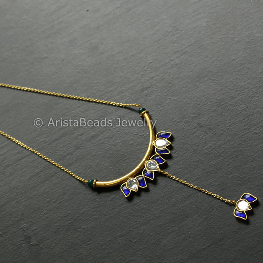 Dainty Jadau Lotus Contemporary Necklace - Blue