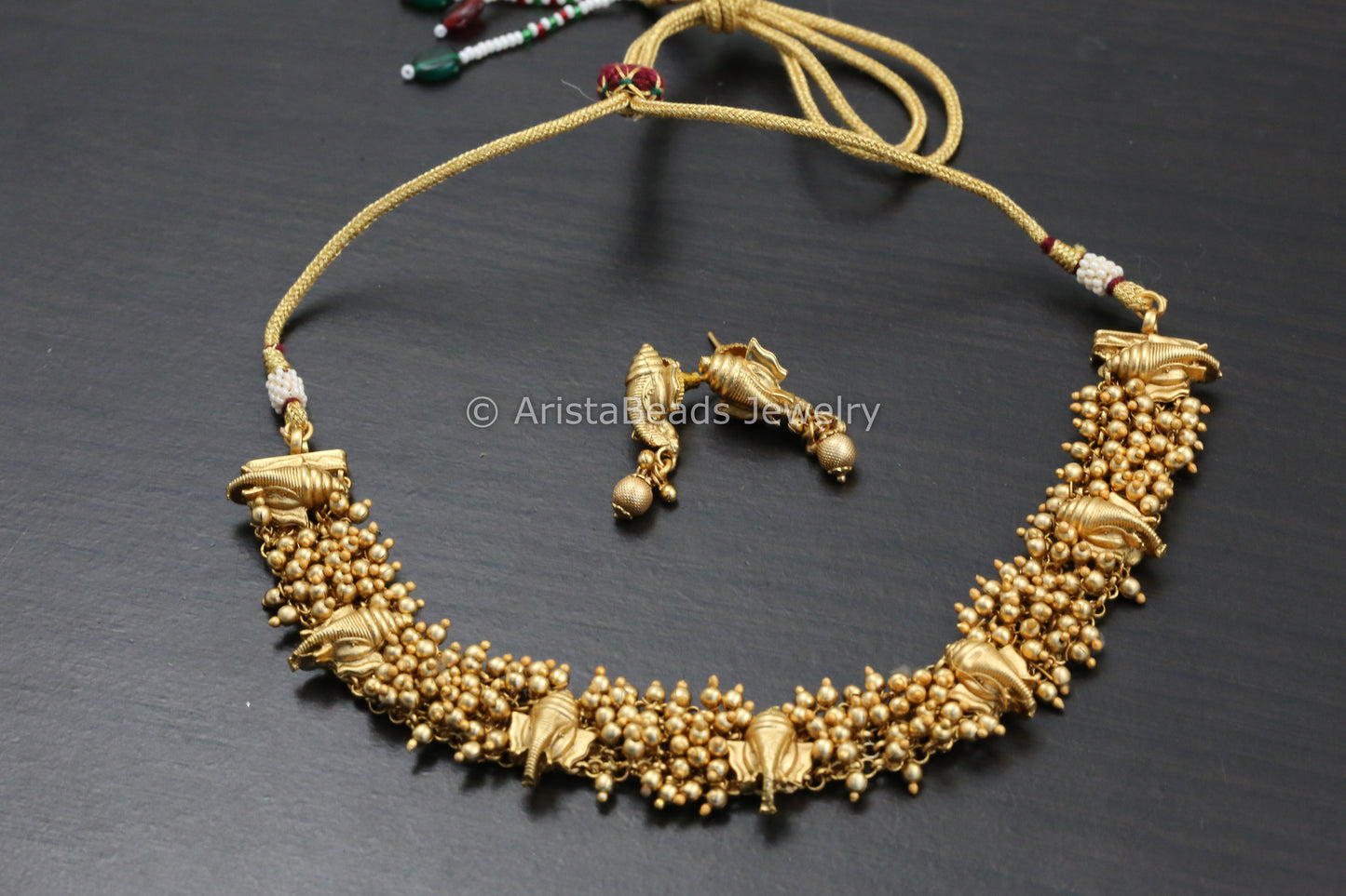 Gajra Style Ganesha Temple Necklace Set - Gold