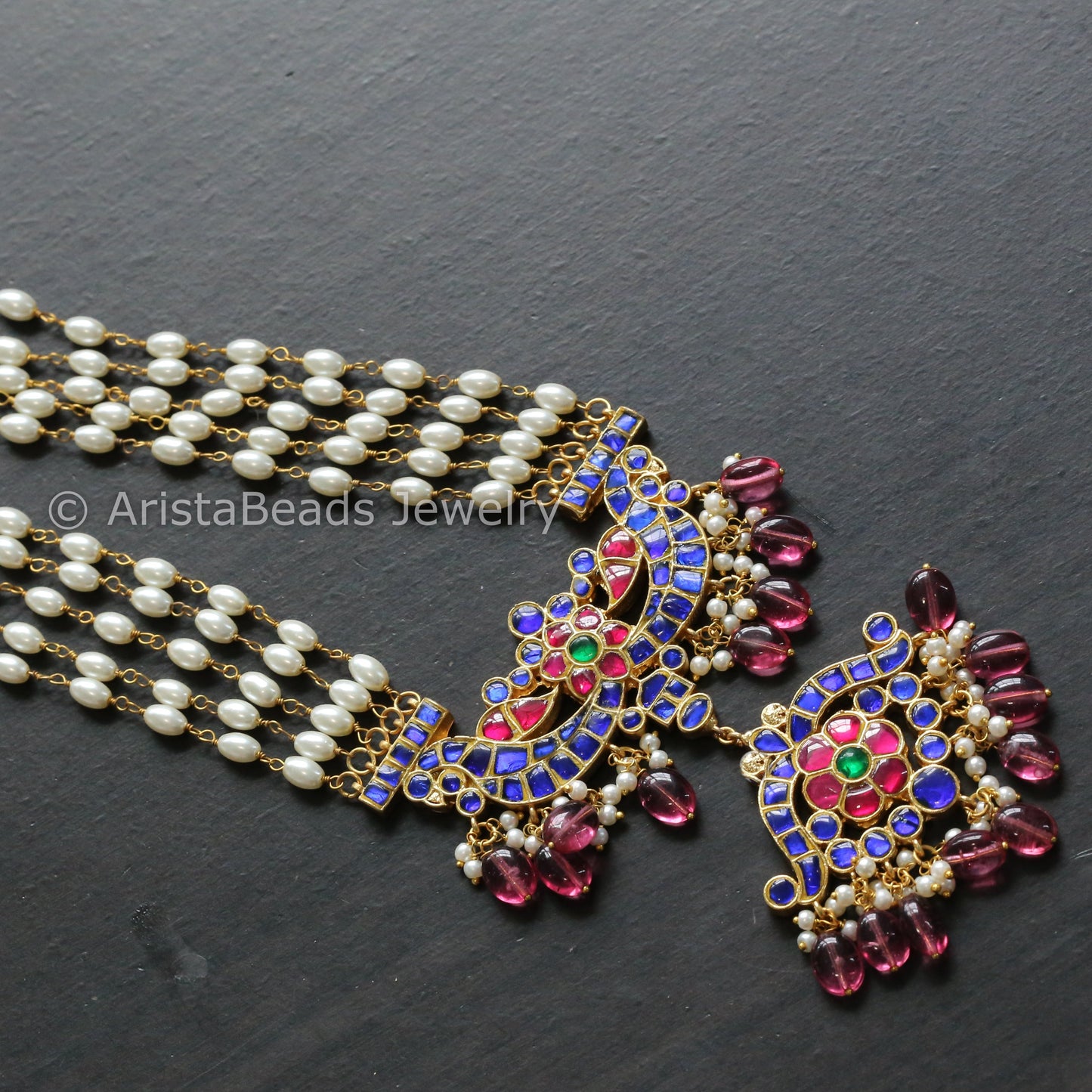 Jadau Kundan Rice Pearl Necklace - Rhodolite  Drops