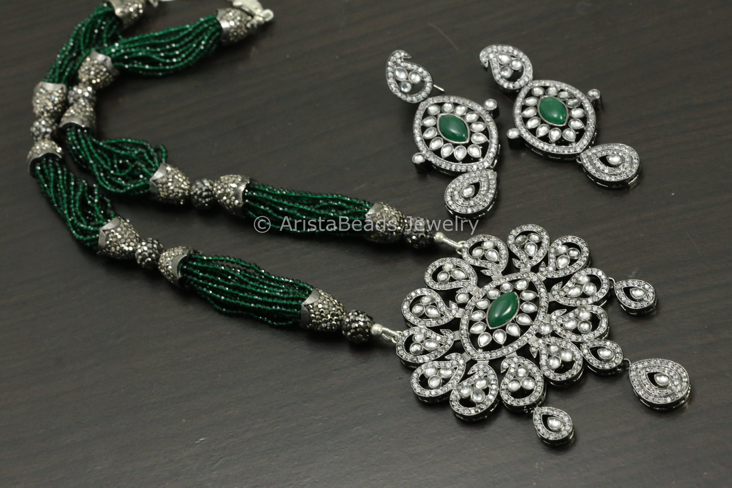 Victorian Hydro Beaded Necklace Set - Green