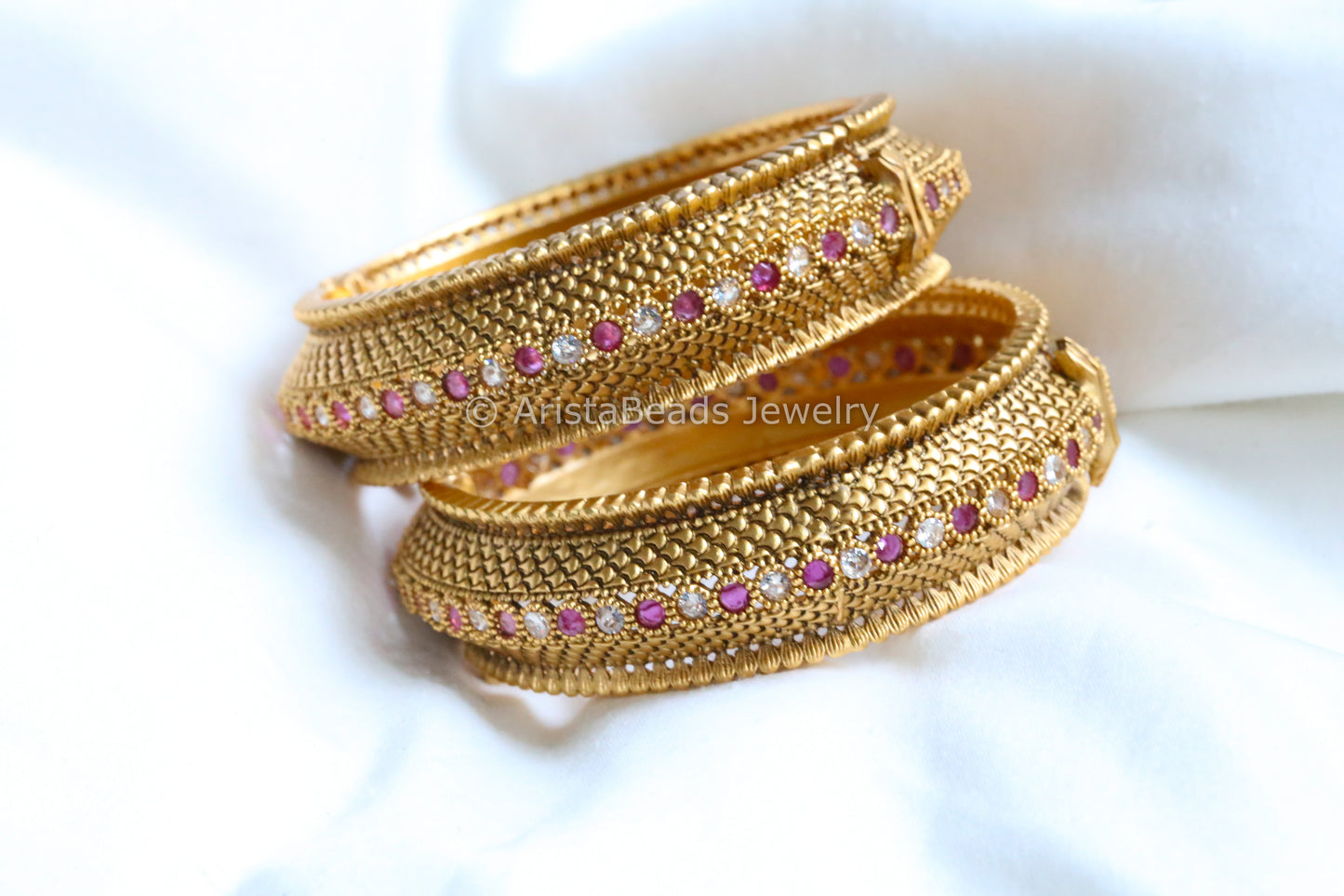 Real Gold Look Ruby Clear CZ Bangle Set (Openable)