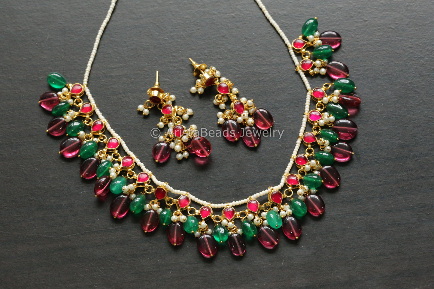 Dainty Ruby Pachi Kundan Necklace Set - Multi Drops
