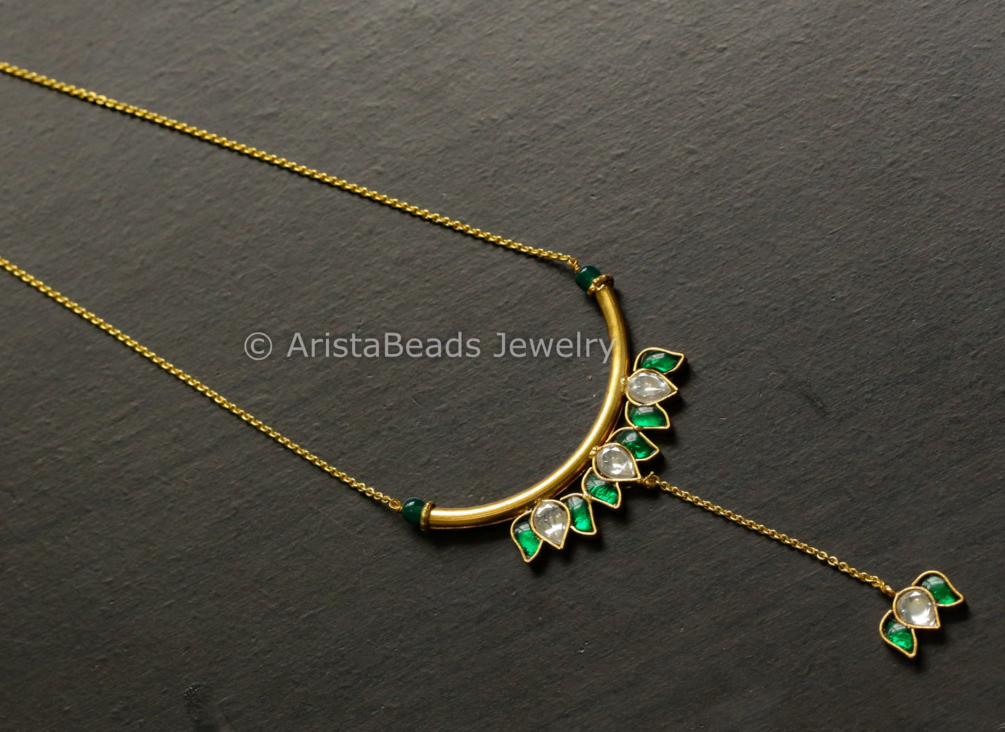 Dainty Jadau Lotus Contemporary Necklace - Green