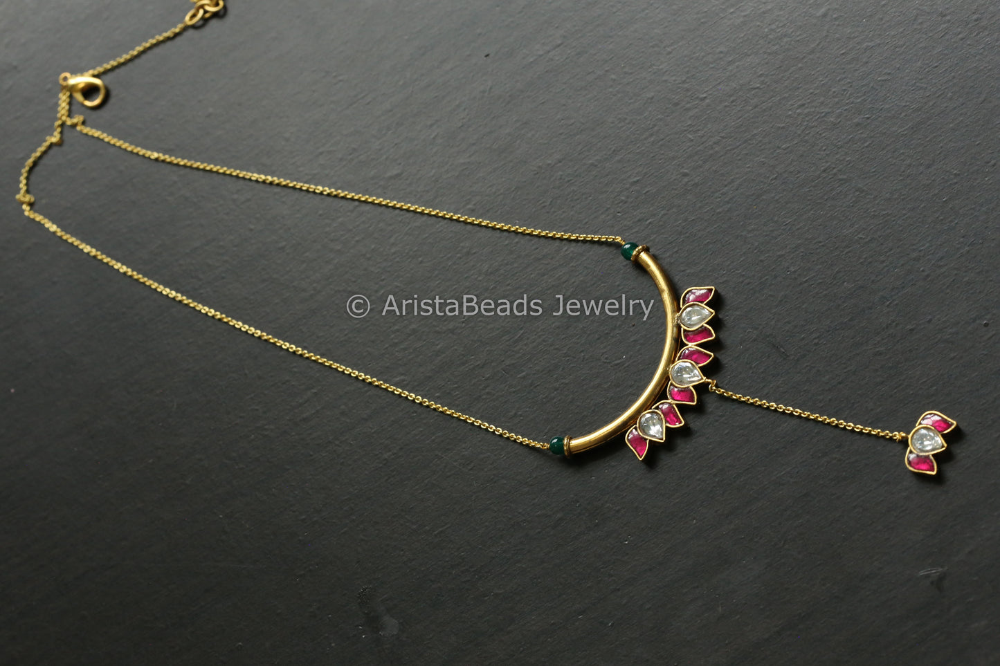 Dainty Jadau Lotus Contemporary Necklace - Ruby