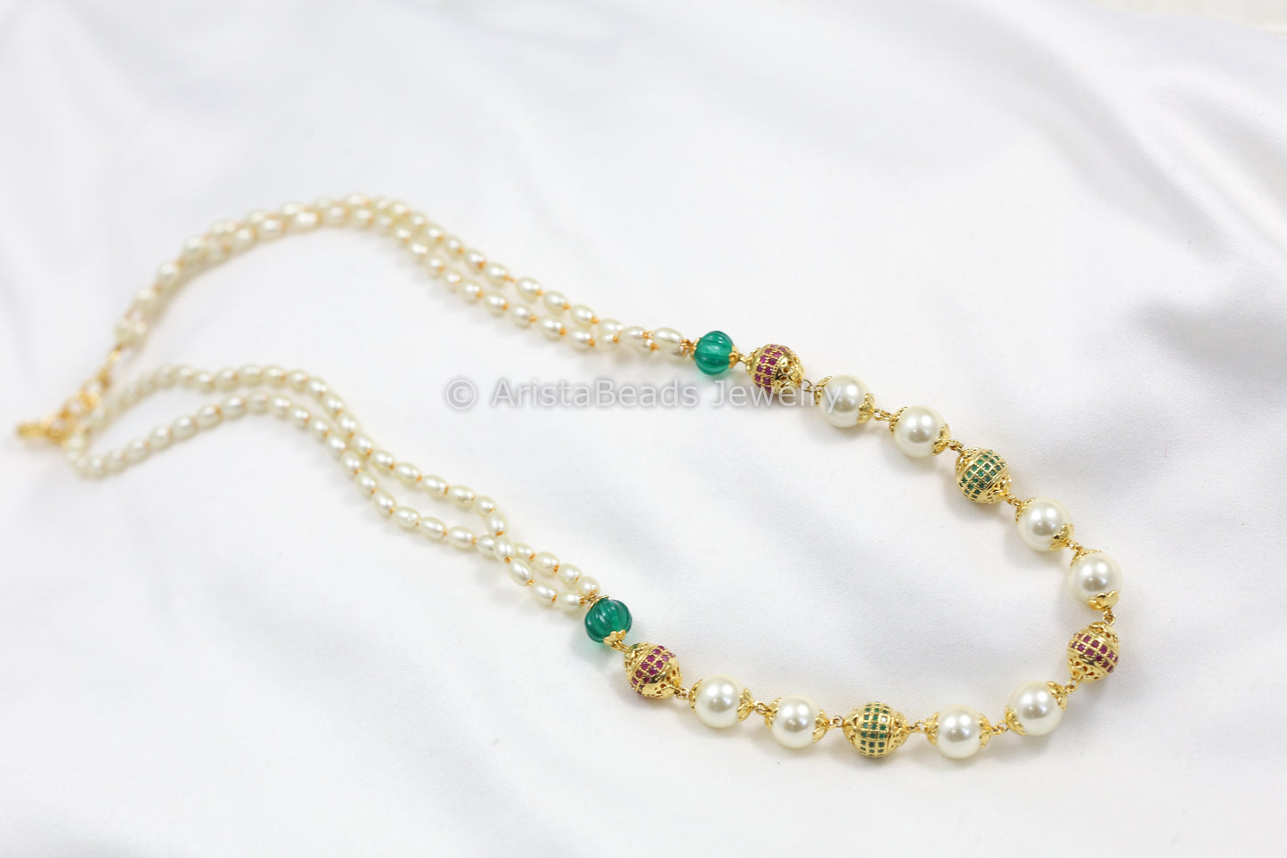 Rice Pearls & CZ Beads Mala Necklace - Style 1