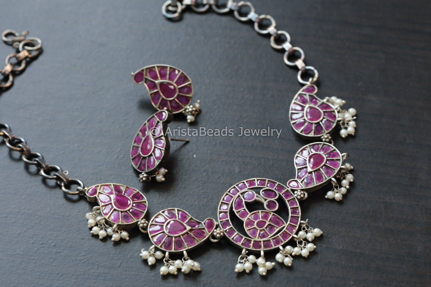 Ruby Oxidized Paisley Necklace Set